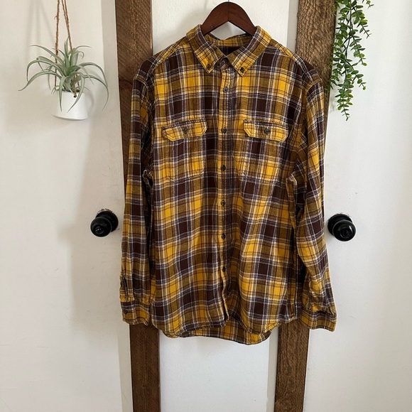 Y2K George Men’s XL Plaid Button-Up Flannel Shirt Yellow and Brown Pockets - Picture 14 of 15